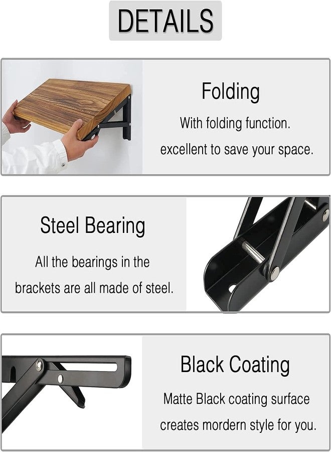 Hexwell Folding Shelf Bracket 20cm Heavy Duty Metal Wall-Mounted Collapsible Shelf Bracket Space-Saving - Black (20cm) - Image 4