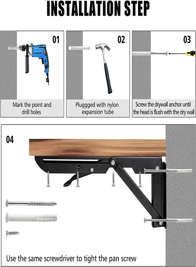 Hexwell Folding Shelf Bracket 20cm Heavy Duty Metal Wall-Mounted Collapsible Shelf Bracket Space-Saving - Black (20cm) - Image 5