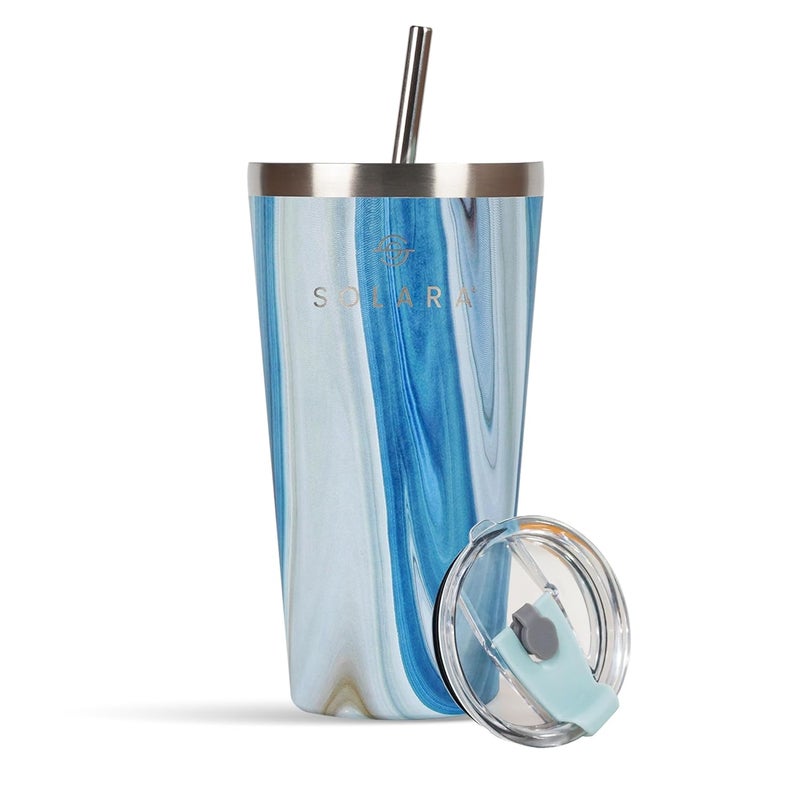SOLARA Tumbler with lid and Straw 475ml Double Wall Insulated Stainless Steel Coffee Tumbler Travel Mug with Lid Hot and Cold Coffee Mug with lid for Office Home and Travel Blue Marble - Image 1