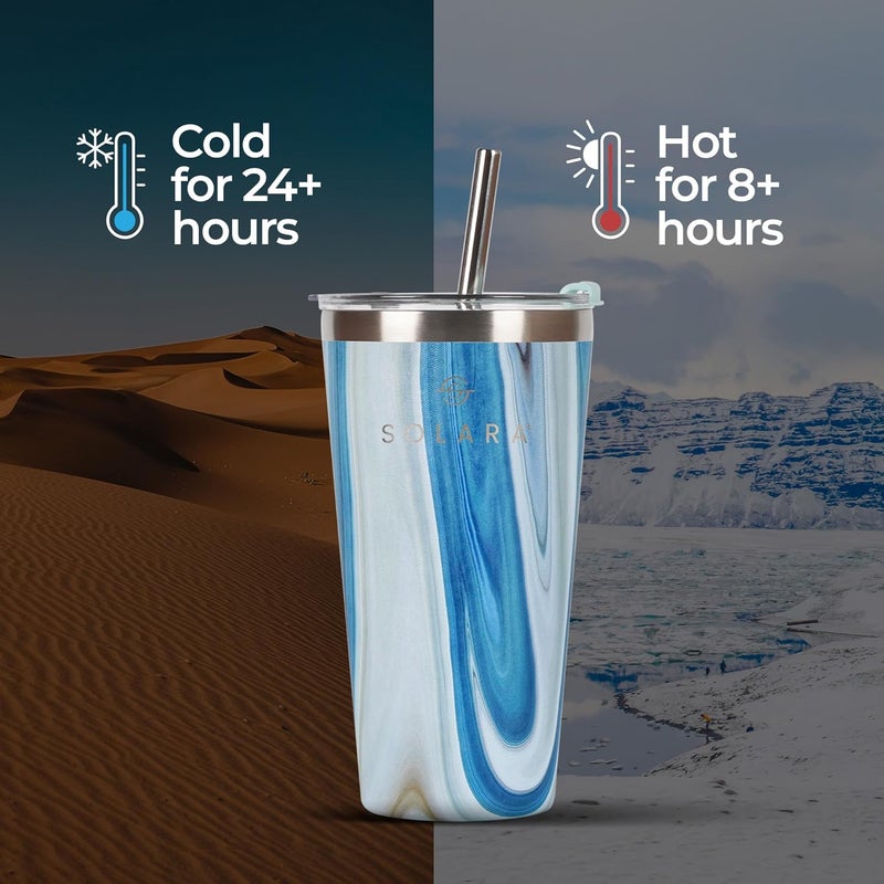 SOLARA Tumbler with lid and Straw 475ml Double Wall Insulated Stainless Steel Coffee Tumbler Travel Mug with Lid Hot and Cold Coffee Mug with lid for Office Home and Travel Blue Marble - Image 4