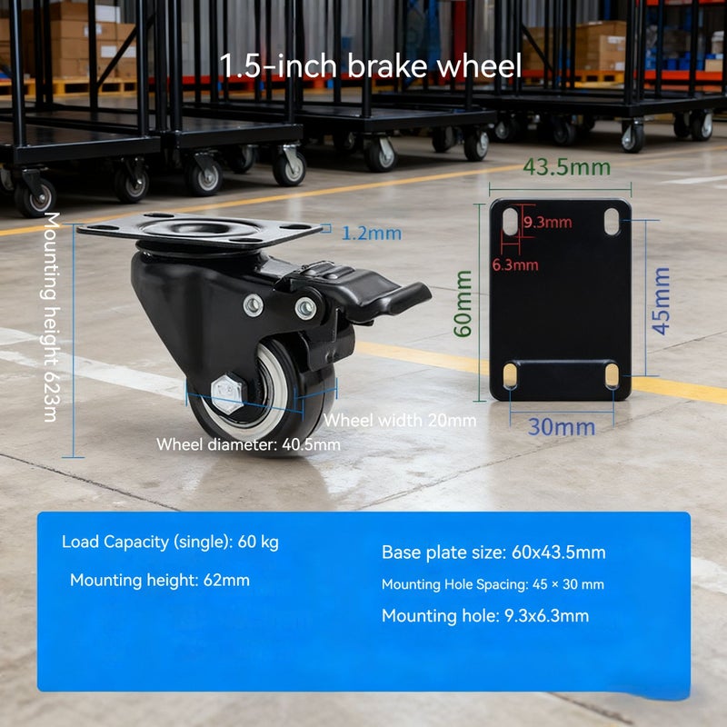 1 5 Inch Industrial Rubber Wheel With Brake Polyurethane Solid Wheels Bracket - Image 1