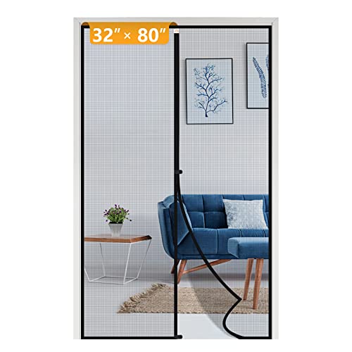 yotache باب شاشة مغناطيسية يوتاش 32x80 بوصة، حجم الشاشة 34"x81" شبكة ألياف زجاجية عالية الكثافة مع مغناطيس قوي وقفل مقاوم للرياح لأبواب الفناء الأمامية/الخلفية، أسود - Image 1
