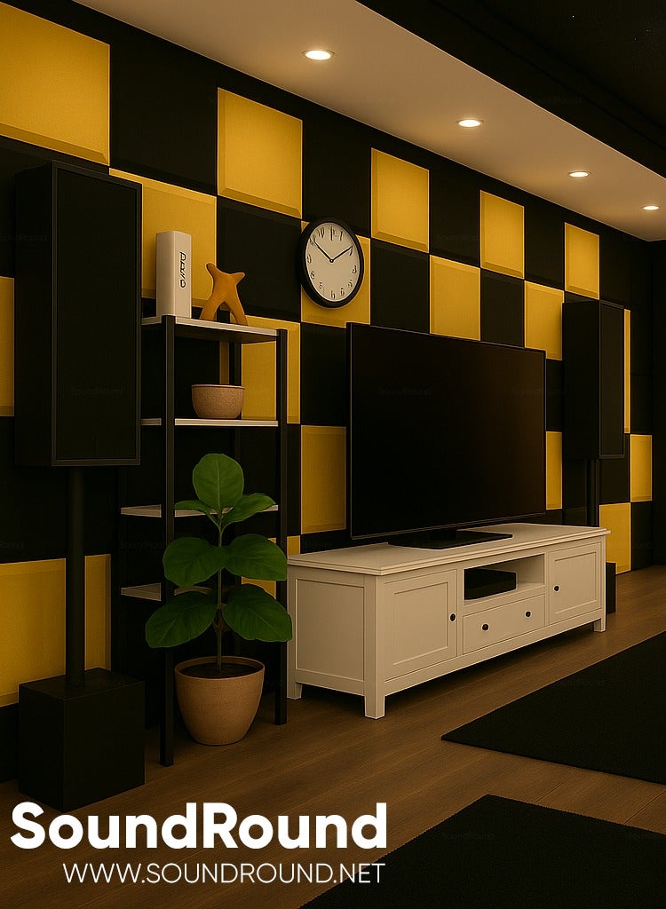 ساوند راوند ألواح الفوم الصوتي SoundRound مقاس 12×12×1 بوصة – عزل صوت احترافي بتصميم فلات – للتحكم في الصدى ومعالجة السينما المنزلية – ألواح عالية الكثافة – 12 قطعة - لون اصفر - Image 3