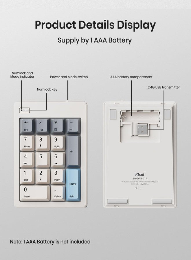 Kisnt FD17 Wireless Mechanical Number Pad, Bluetooth 5.0& 2.4G Dual Mode Numeric Keypad, 17 Keys Hot Swappable Numpad with PBT Keycaps for Laptop/PC/TKL Keyboards(Beige, Linear Switch) - Image 4