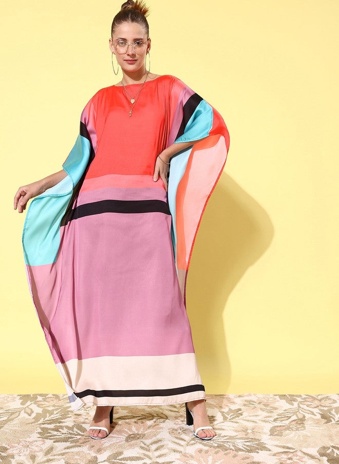 StyleStone Women Charming Colourblocked Satin Finish Vacay Attire Kaftan Dress - Image 2