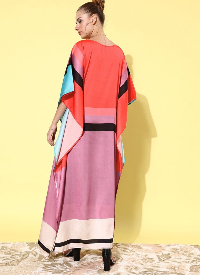 StyleStone Women Charming Colourblocked Satin Finish Vacay Attire Kaftan Dress - Image 5