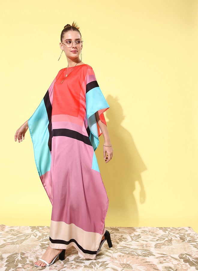 StyleStone Women Charming Colourblocked Satin Finish Vacay Attire Kaftan Dress - Image 3