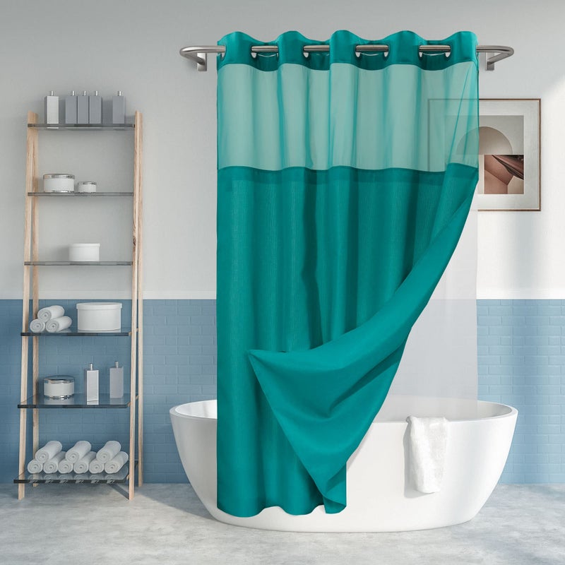 No Hook Slub Textured Shower Curtain with Snapin PEVA Liner Set  71 x 7472 Hotel Style with See Through Top Window Machine Washable  Water Repellent Teal 71x74