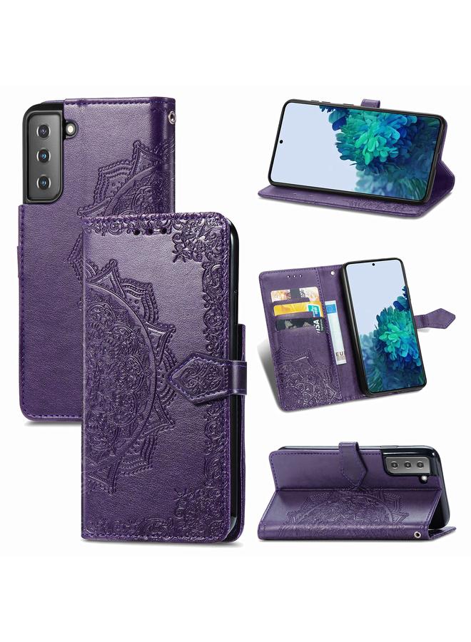 اس-توب جراب لهاتف Samsung Galaxy S21 5G، جراب جلدي أفقي منقوش عليه زهرة ماندالا مع حامل وثلاث فتحات للبطاقات ومحفظة وحبل - Image 1