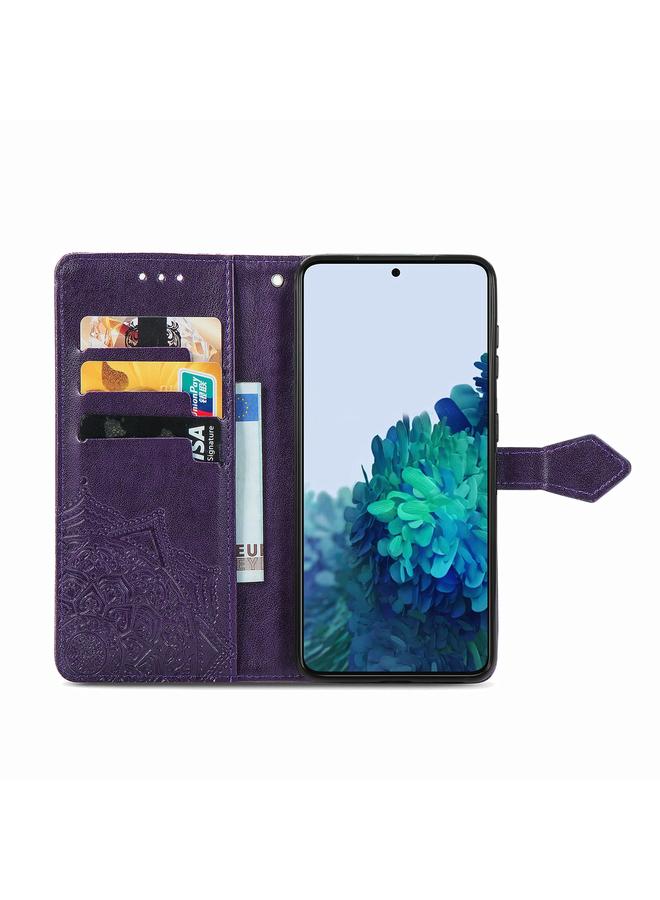 اس-توب جراب لهاتف Samsung Galaxy S21 5G، جراب جلدي أفقي منقوش عليه زهرة ماندالا مع حامل وثلاث فتحات للبطاقات ومحفظة وحبل - Image 3