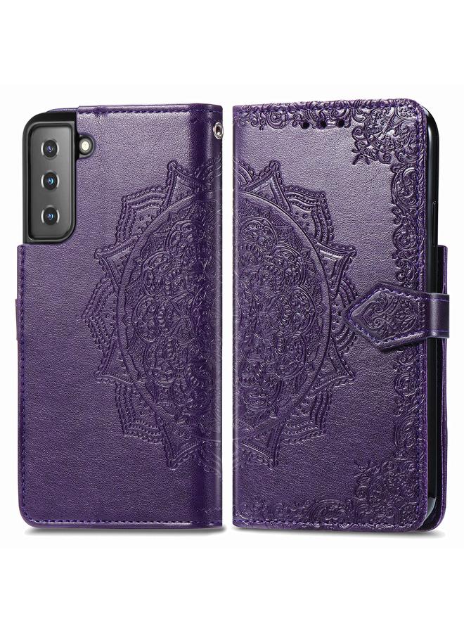 اس-توب جراب لهاتف Samsung Galaxy S21 5G، جراب جلدي أفقي منقوش عليه زهرة ماندالا مع حامل وثلاث فتحات للبطاقات ومحفظة وحبل - Image 2