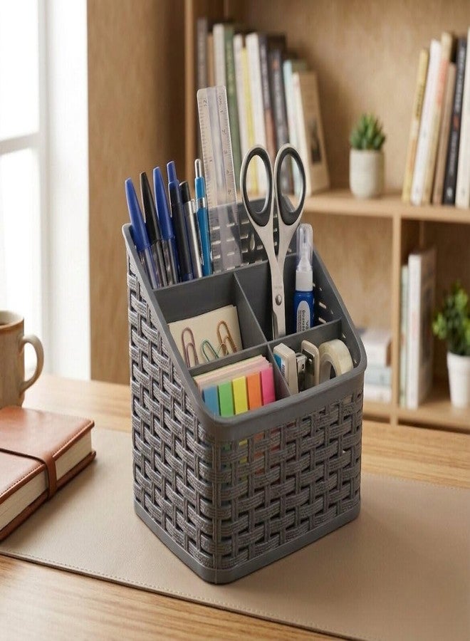 HAPPI Multi-Purpose Plastic Wall Mount Storage Office Table Desk Organizer Stand and Pen/Pencil Holder, Stationary/Cosmetics Organiser Box for Home Office School (5 Compartments - Grey) - Image 2