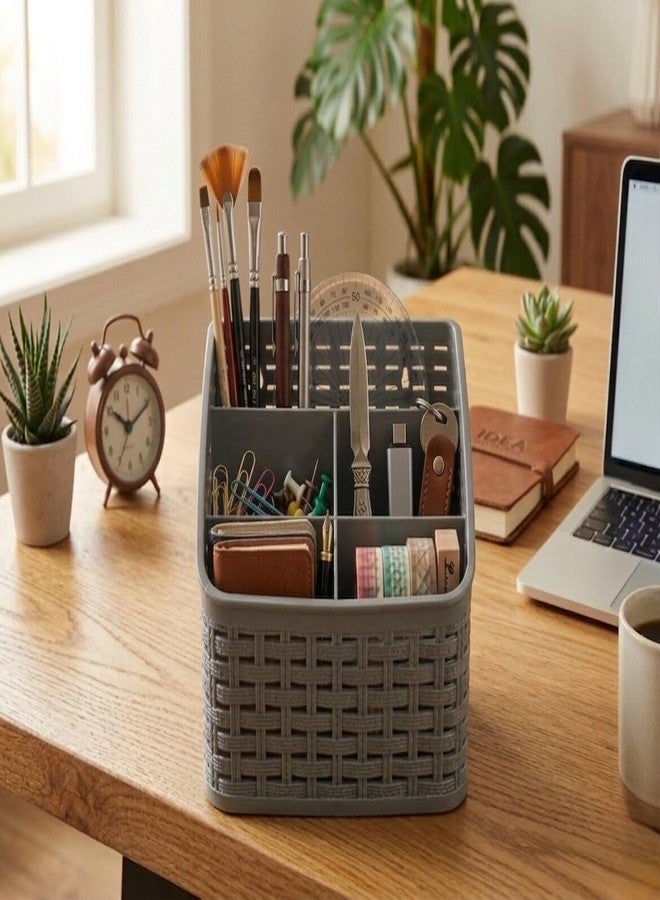 HAPPI Multi-Purpose Plastic Wall Mount Storage Office Table Desk Organizer Stand and Pen/Pencil Holder, Stationary/Cosmetics Organiser Box for Home Office School (5 Compartments - Grey) - Image 5