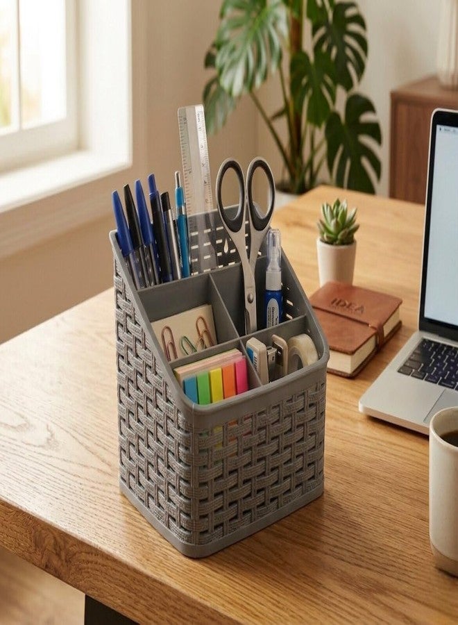 HAPPI Multi-Purpose Plastic Wall Mount Storage Office Table Desk Organizer Stand and Pen/Pencil Holder, Stationary/Cosmetics Organiser Box for Home Office School (5 Compartments - Grey) - Image 3