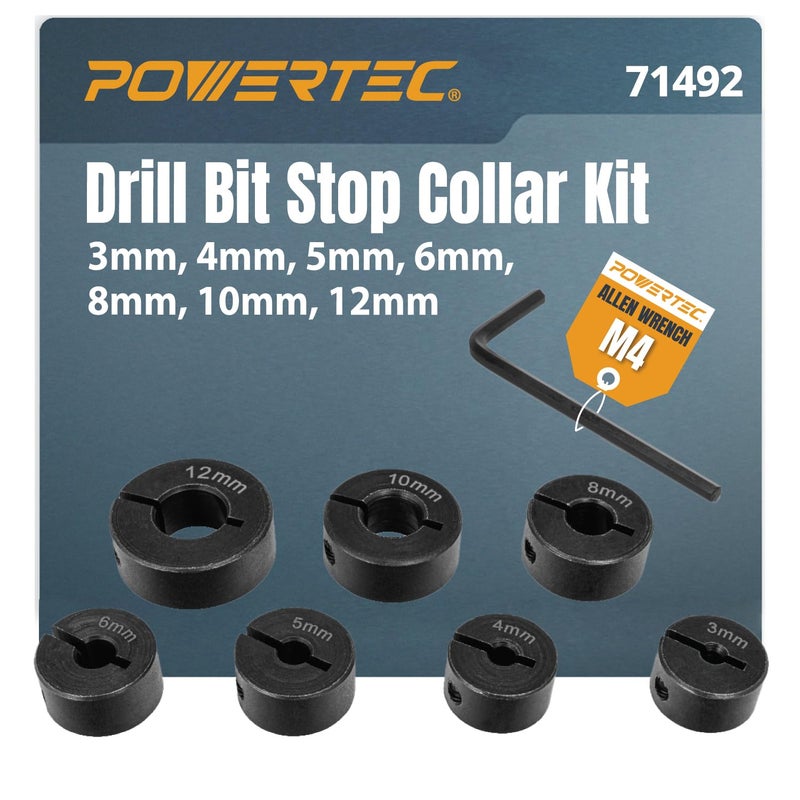 POWERTEC Drill Bit Stop Collar Kit with Metric System Size Markings 7 Piece Set Adjustable Depth Stop with M4 Allen Wrench 3mm 4mm 5mm 6mm 8mm 10mm 12mm 71492