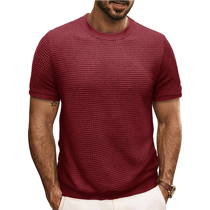Summer New and Men''s Short-sleeved Knitted T-shirt Top Foreign Trade Crewneck Rib Pullover - Image 1