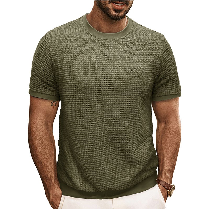 Summer New and Men''s Short-sleeved Knitted T-shirt Top Foreign Trade Crewneck Rib Pullover - Image 2