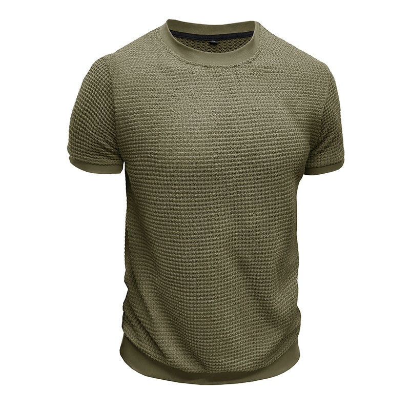 Summer New and Men''s Short-sleeved Knitted T-shirt Top Foreign Trade Crewneck Rib Pullover - Image 3