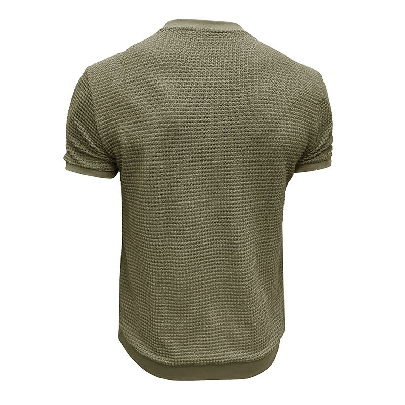 Summer New and Men''s Short-sleeved Knitted T-shirt Top Foreign Trade Crewneck Rib Pullover - Image 4