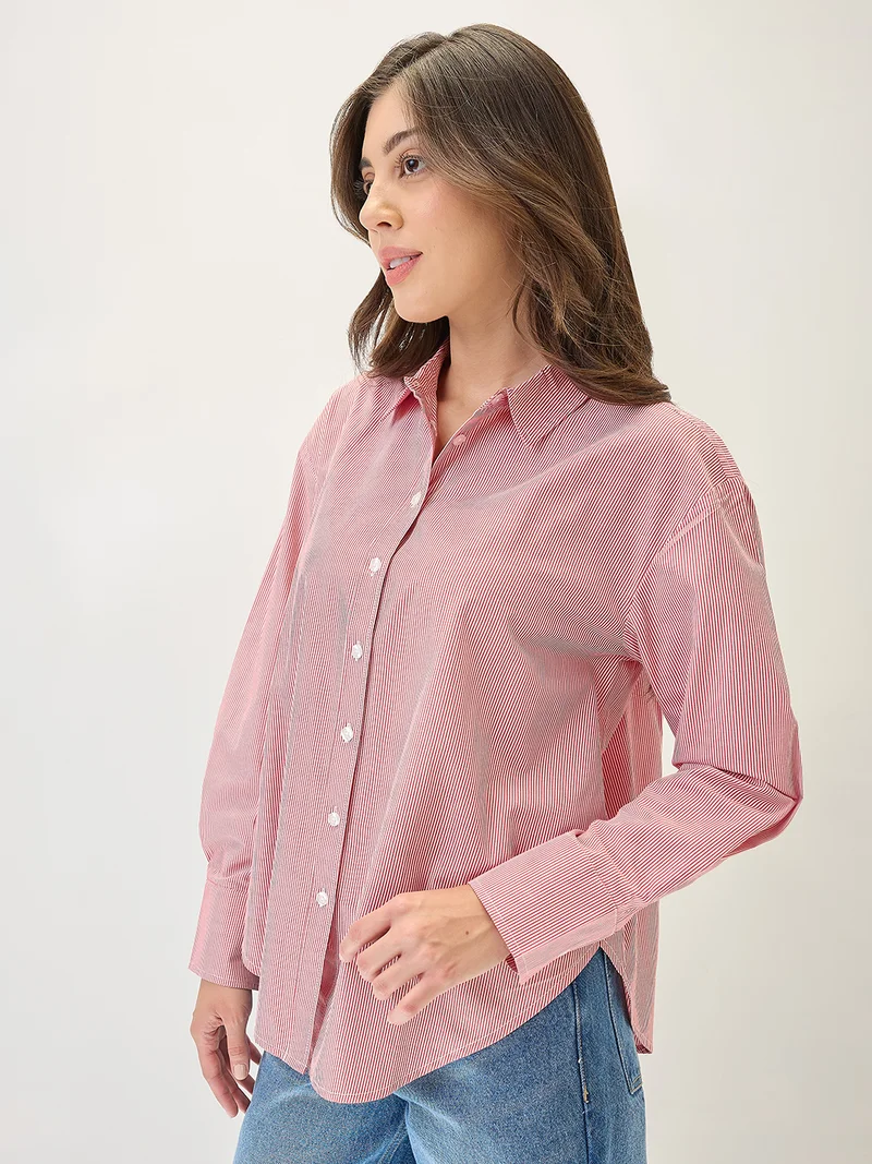 globus Women Cuffed Sleeves Vertical Stripes Curved Hem Workwear Shirt