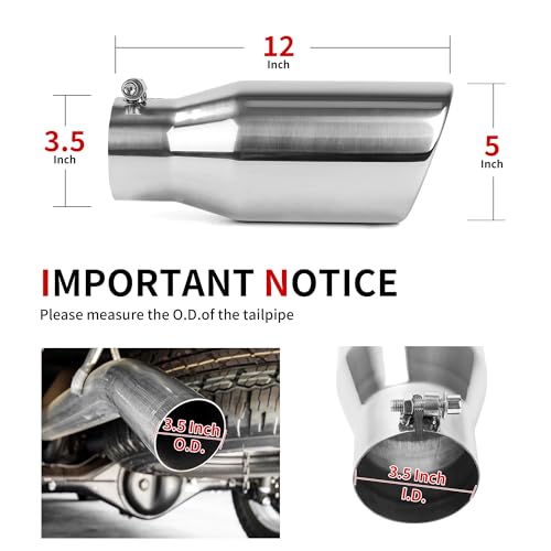 Richeer 3.5" Inlet Exhaust Tip, 3 1/2" Inlet 5" Outlet 12" Overall Length Stainless Steel Exhaust Tailpipe Tips with Polished Finish Universal for Vehicles with 3.5" O.D. Tailpipe Clamp/Bolt on Design - Image 2