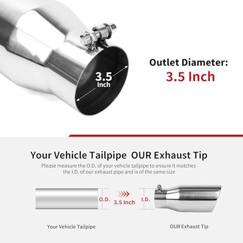 Richeer 3.5" Inlet Exhaust Tip, 3 1/2" Inlet 5" Outlet 12" Overall Length Stainless Steel Exhaust Tailpipe Tips with Polished Finish Universal for Vehicles with 3.5" O.D. Tailpipe Clamp/Bolt on Design - Image 3