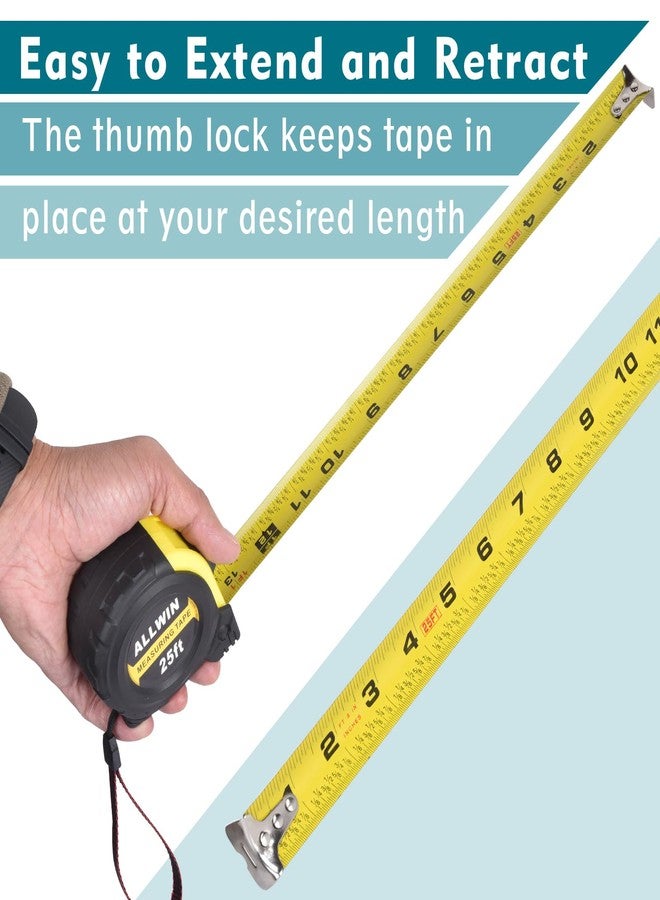Allwin Tape Measure 25 Ft - Metal Retractable Tape Measure with Fractions, Easy Read, 1-inch Wide X 25 Foot - Light Blue - Image 4