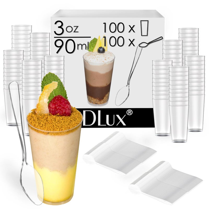 DLux 100 x 3 oz Mini Dessert Cups with Spoons  Shooter - Clear Plastic Parfait Appetizer Cup - Small Reusable Shooter Glass for Tasting Party Shooters Desserts Appetizers - With Recipe Ebook - Image 2