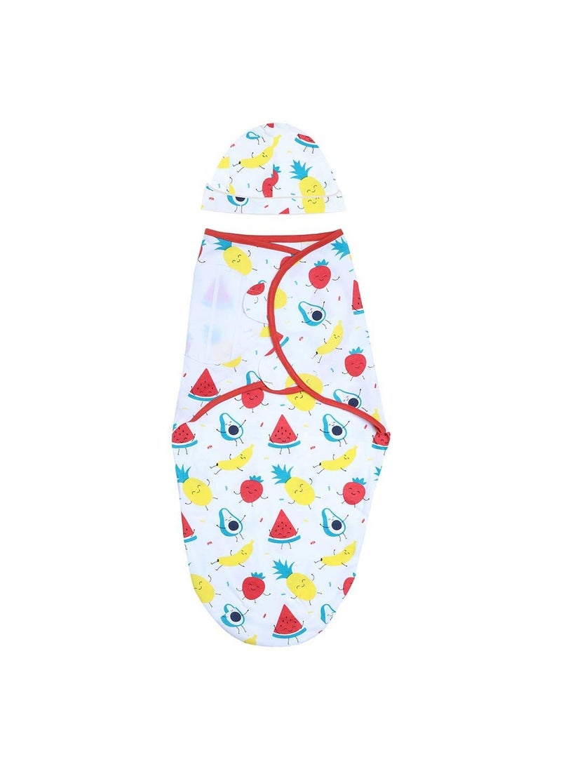 The Mom Store Newborn Baby Swaddle Wrap Soft Adjustable Swaddle Blanket with Cap 03 Months Fruit Print  - Image 1