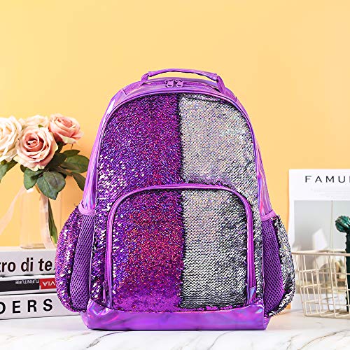 Fermido Sequin School Backpack for Girls Kids Cute Elementary Book Bag Teen Glitter Flip Sparkly Holographic Purple Back Pack One_Size - Image 3