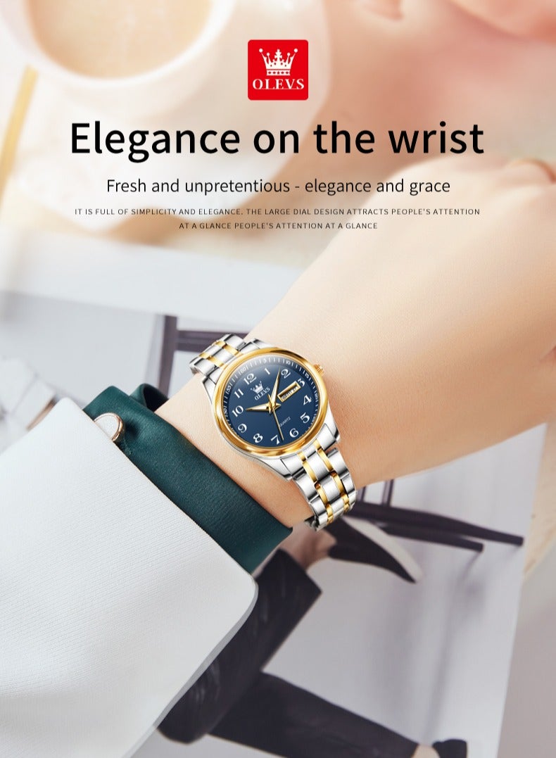 OLEVS Fashion Women's Quartz Watch Stainless Steel Water Resistant Analog Large Easy-to-Read Date Business Ladies Quartz Watch Gold Blue - Image 2