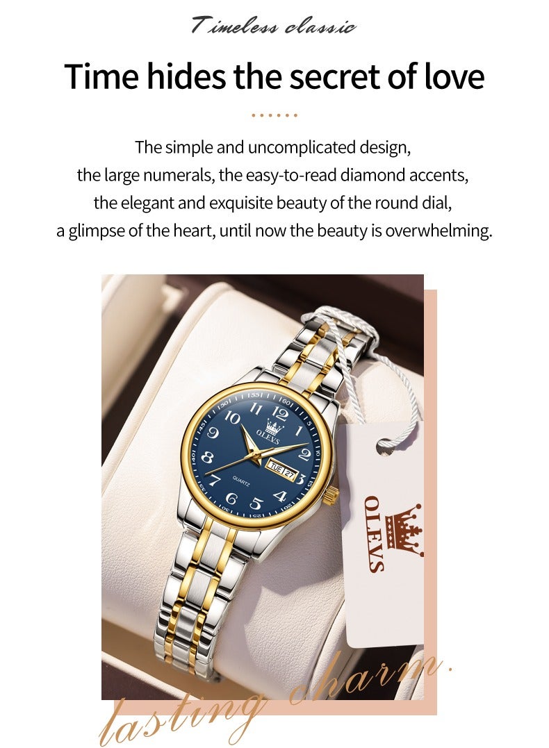 OLEVS Fashion Women's Quartz Watch Stainless Steel Water Resistant Analog Large Easy-to-Read Date Business Ladies Quartz Watch Gold Blue - Image 3