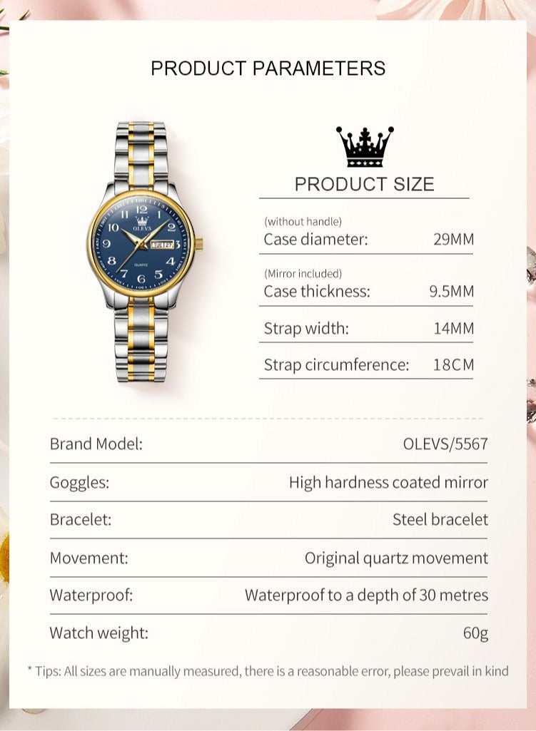 OLEVS Fashion Women's Quartz Watch Stainless Steel Water Resistant Analog Large Easy-to-Read Date Business Ladies Quartz Watch Gold Blue - Image 5