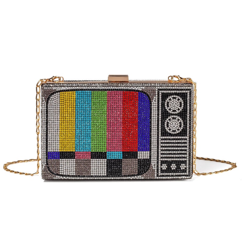 Renabro Women Retro TV Shape Crossbody Bag Rhinestone Metal Vintage Evening Clutch Purses(colorful TV) - Image 1