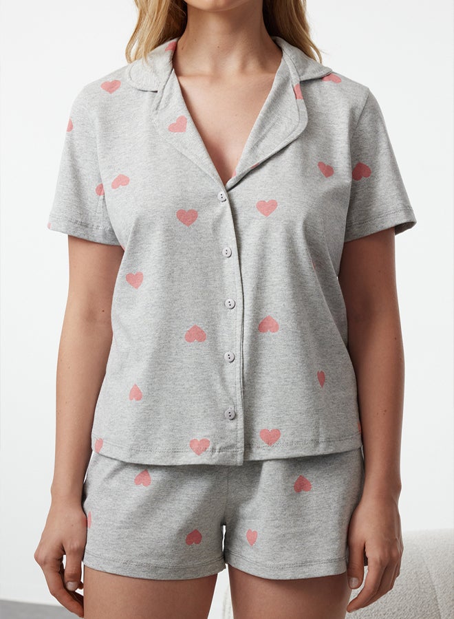 trendyol Gray Melange 100% Cotton Heart Shorts Knitted Pajama Set  - Image 3