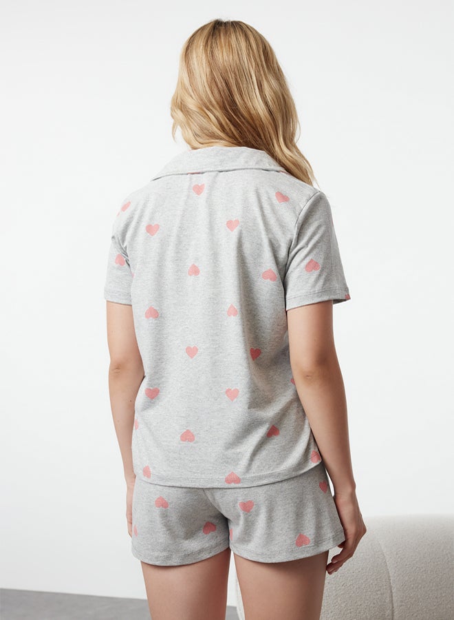trendyol Gray Melange 100% Cotton Heart Shorts Knitted Pajama Set  - Image 5