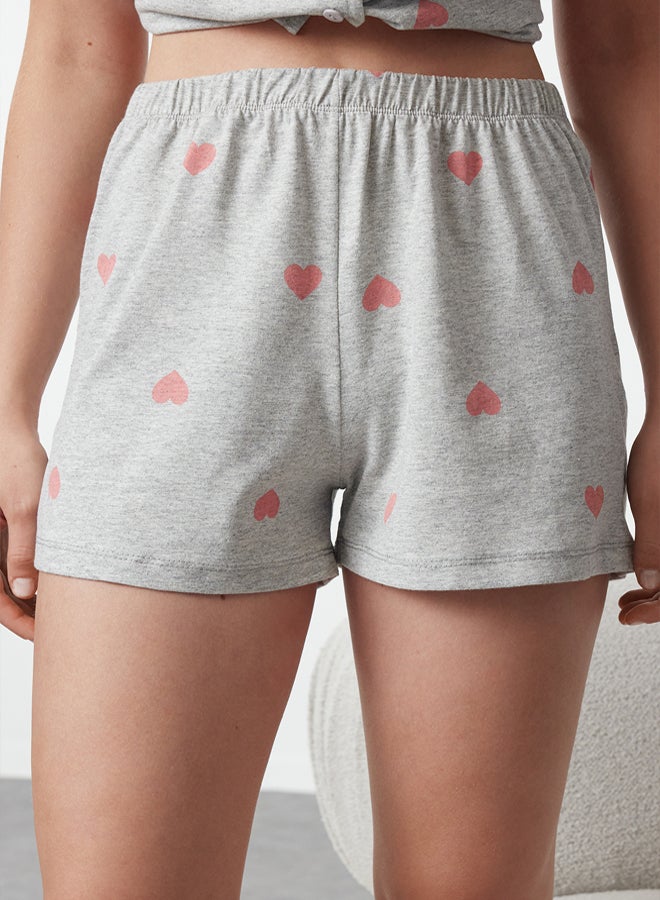 trendyol Gray Melange 100% Cotton Heart Shorts Knitted Pajama Set  - Image 4
