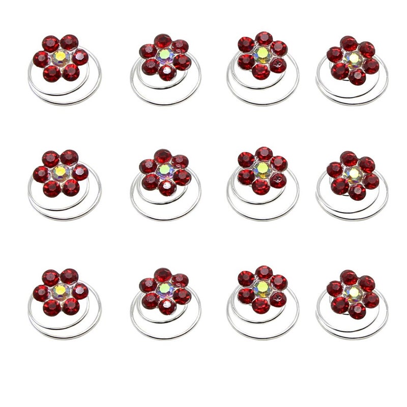 Newstarfactory Rhinestone Studded Collection Flower Spiral Hair Pin Pack of 12 (Red)