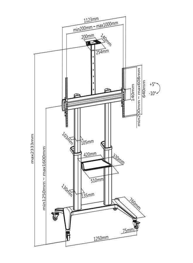 Skill Tech SH 1900 120 Ultra Modern Mobile TV Cart for 70–120 Inch Screens, VESA 1000x600mm, Max Load 140kg – Heavy Duty Rolling TV Stand with Adjustable Height  Black - Image 2