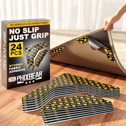 PHIXBEAR Rug Tape 24 Pcs, Strong Hold Anti-Slip Pads, No-Glue Silicone Bottom, Washable & Reusable, Low-Odor, Pre-Cut Corner Triangles & Edge Strips, Keeps Rug Corners/Edges Flat on Hardwood & Tile - Image 1