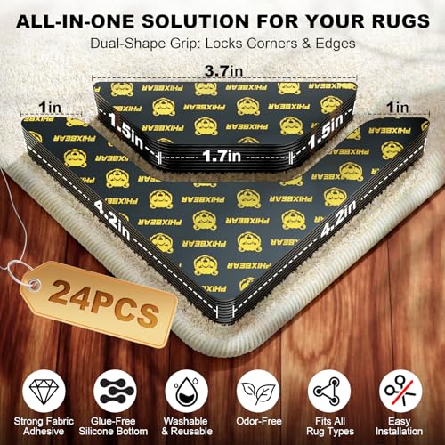 PHIXBEAR Rug Tape 24 Pcs, Strong Hold Anti-Slip Pads, No-Glue Silicone Bottom, Washable & Reusable, Low-Odor, Pre-Cut Corner Triangles & Edge Strips, Keeps Rug Corners/Edges Flat on Hardwood & Tile - Image 2