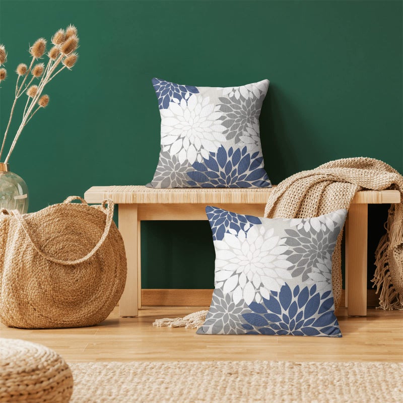 CXMEIFLY Navy Blue White Grey Pillow Covers 18x18 Inch Set of 2 Dahlia Floral Decor Throw Pillows Summer Modern Geometry Flower Outdoor Decorative Cushion Cases for Sofa Couch Bed Decorations - Image 2