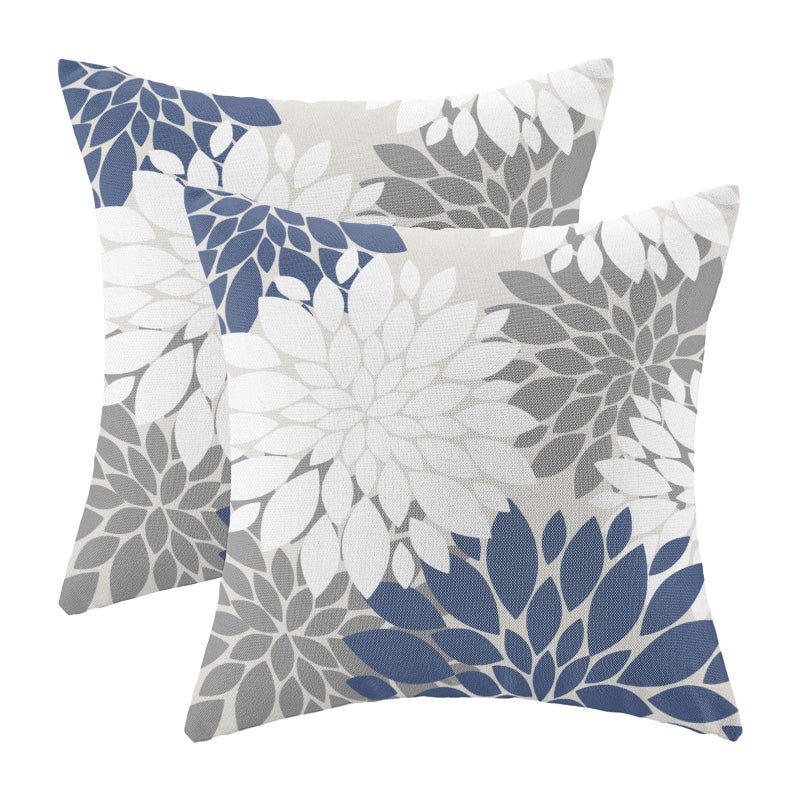CXMEIFLY Navy Blue White Grey Pillow Covers 18x18 Inch Set of 2 Dahlia Floral Decor Throw Pillows Summer Modern Geometry Flower Outdoor Decorative Cushion Cases for Sofa Couch Bed Decorations - Image 1