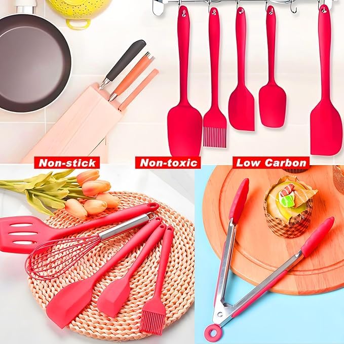 NowExp 5Piece HeatResistant Silicone Spatula Set NonStick BPAFree Seamless OnePiece Design for Cooking Baking and Mixing Red - Image 3