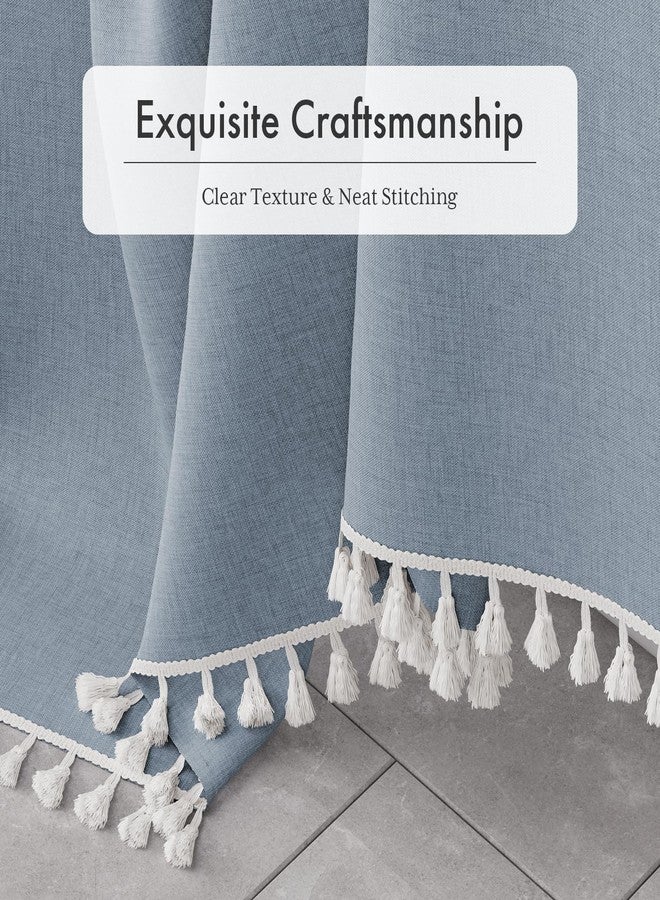 AmazerBath Blue Boho Shower Curtain with Tassels, Farmhouse Shower Curtains for Bathroom, Faux Linen Shower Curtain Rustic with Hooks, Vintage Shower Curtain Set, 72x72 Inches - Image 3