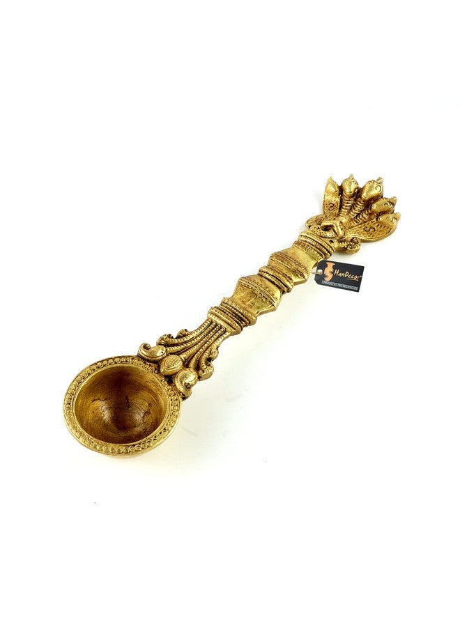 Two Moustaches Brass Sheshnag Design Hawan Spoon for Pouring Ghee in Hawan Kund, Antique Yellow - Image 1