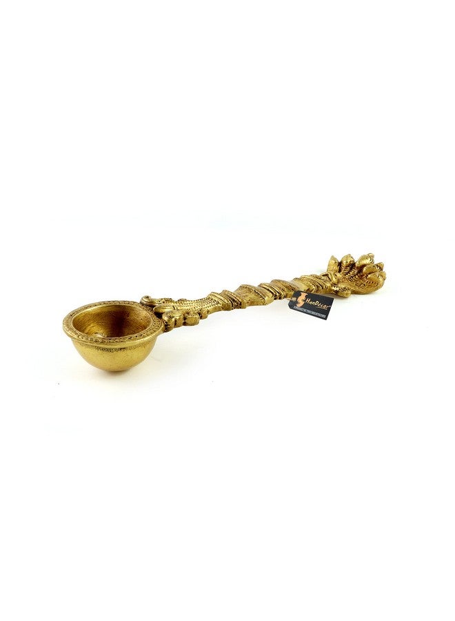 Two Moustaches Brass Sheshnag Design Hawan Spoon for Pouring Ghee in Hawan Kund, Antique Yellow - Image 3