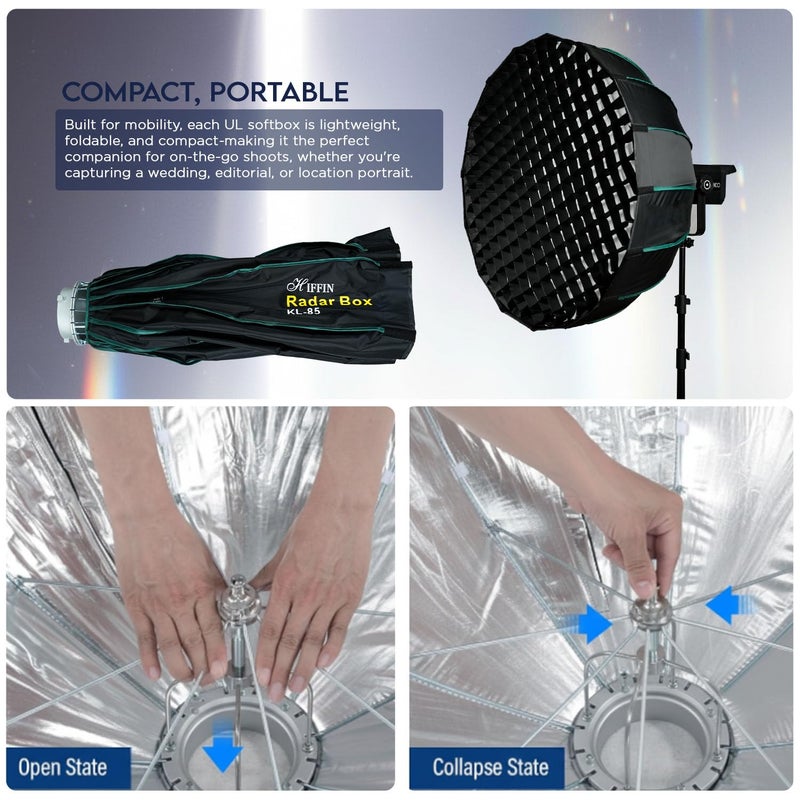 HIFFIN KL-85 (85 سم) صندوق ناعم ثماني الأضلاع بإصدار سريع | تركيب باوينز مع شبكة، 2 ناشرات وطبق جمال | لأضواء COB وجميع أضواء استوديو تركيب باوينز - Image 5