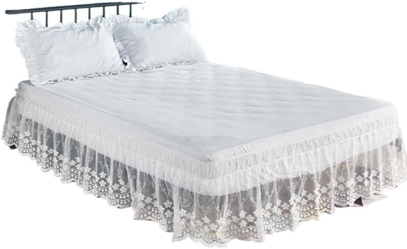 Wrap Around Bed Skirts 18 Inch Drop Delicate Ruffles Floret Lace Bed Skirt with Strong Elastic Belts Lightweight Wrap Around Adjustable Bedskirt(White,Plus 200x220x45cm) - Image 1