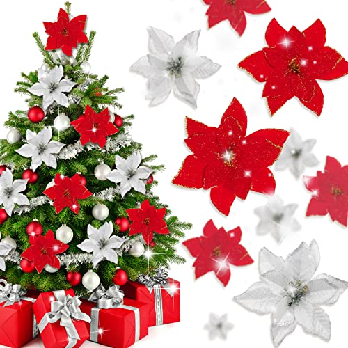 Whaline 40Pcs Poinsettia Artificial Christmas Flowers with 40Pcs Clips and 40Pcs Stems Red Silver Xmas Flowers Glitter Christmas Tree Ornaments Xmas Wedding Party Decoration New Year Ornaments - Image 1